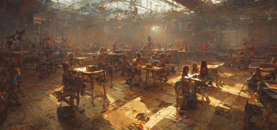 Prompt: a classroom and the floor is lava, children standing on their desks, 80s style, intricate, hyper detailed, 8k, james gurney, greg rutkowski, john howe, artstation