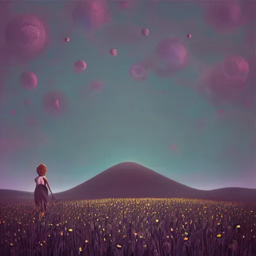 Image similar to giant black daisy flower head, girl walking in wheat field, hills, surreal photography, dark night, star trails, dramatic light, impressionist painting, clouds, digital painting, artstation, simon stalenhag