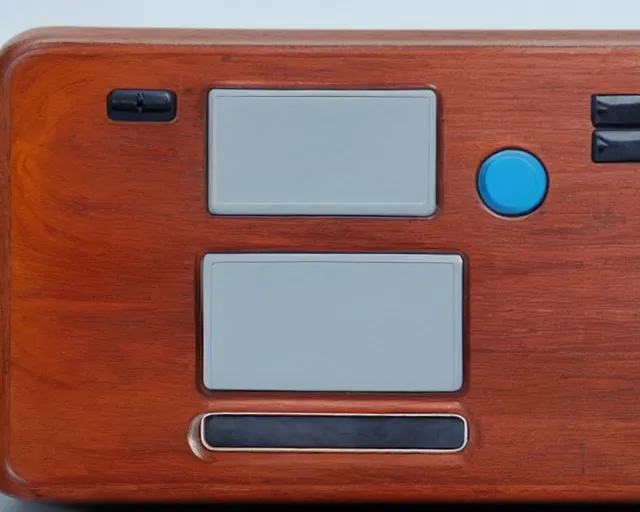 Prompt: video game console from the 1970s, wood panelling