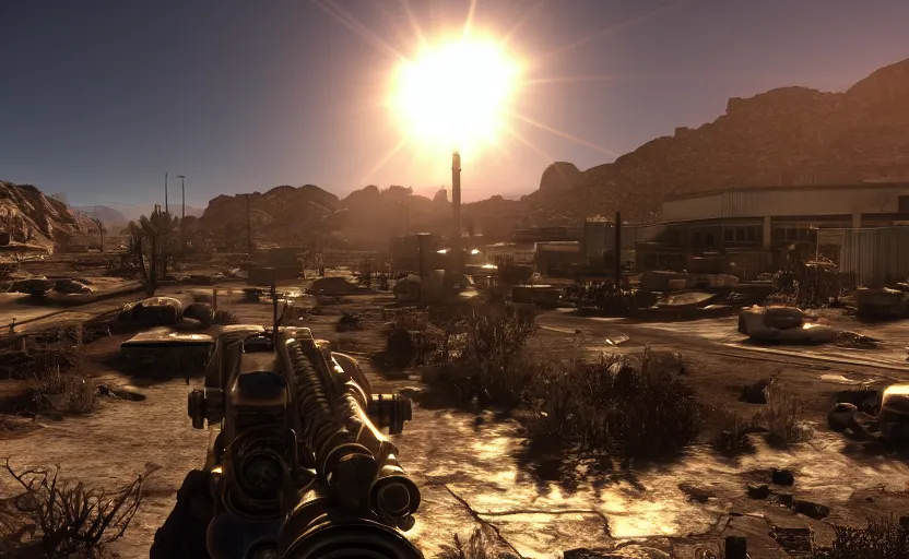 Prompt: fallout new vegas. daylight. sunlight. lens flare. light fixtures. 8K. detailed. photorealism. artstation. 25mm f/1.7 ASPH Lens. ultra realistic