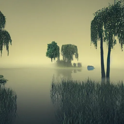 Image similar to concept of artistic swamp with mystic fog, water on the foreground and fisher with fishing rode, from horror movies, artstation, lowpoly vegetation