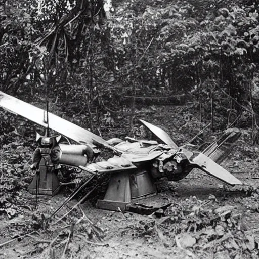 Image similar to a 1900s photo of a gundam found abandoned in a cambodian forest,