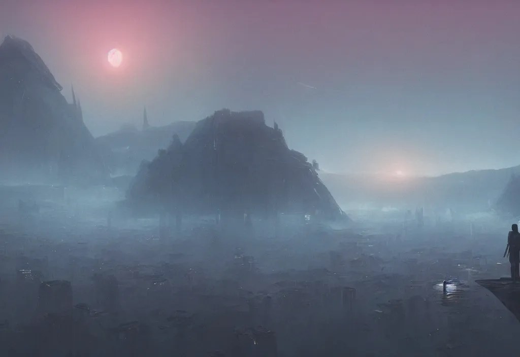 Image similar to a dramatic epic ethereal stunning beautiful and insanely detailed matte painting of a Blade Runner movie still, a small silhouette contemplates the landscape, atmospheric and vaporwave composition, digital art by Kilian Eng and Jean Giraud and Simon Stalenhag, winning-award masterpiece, fantastic, octane render, 8K HD Resolution, High quality image