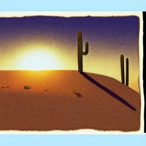 Image similar to sunset in a desert landscape, drawing by moebius