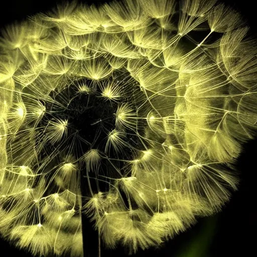 Prompt: a dandelion plant monster at night, menacing expression, natural energy, fantastical, glowing amber eyes, intricate details, artefacts, luminous skies, highly detailed, kentaro miura art style