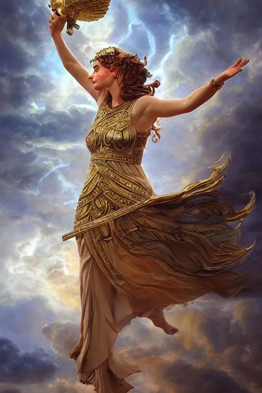 Image similar to goddess athena dancing in the wind, beautiful face, ethereal, gorgeous, volumetric lighting, elegant, fluid, highly detailed, digital painting, concept art, highly detailed, smooth, illustration, limited color palette, atmosphere and tension, art by greg olsen and liz lemon swindle