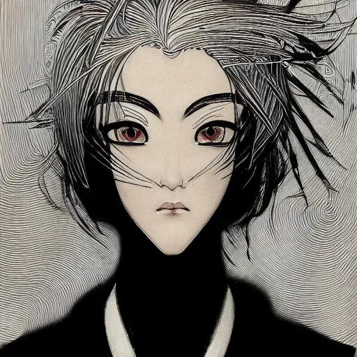 Image similar to Highly detailed Renaissance oil portrait in three quarter angle of an anime girl with white hair and black eyes wearing office suit in the style of Yoshitaka Amano drawn with expressive brush strokes, abstract floral black and white background, film grain effect