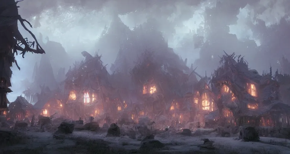 Prompt: big giant ogre troll with a club attacks wooden village houses. Destruction dust and fog. Atmospheric beautiful by Eddie mendoza and Craig Mullins. volumetric lights