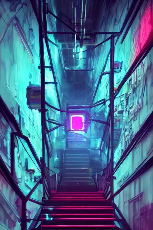 Image similar to a basement staircase, neon lights, cyberpunk style, digital painting, concept art, smooth, sharp focus, hyperrealistic, illustration, artstation trending, octane render, unreal engine, ambient light, dynamic lighting, magical, dark vibes, Cyberpunk 2077