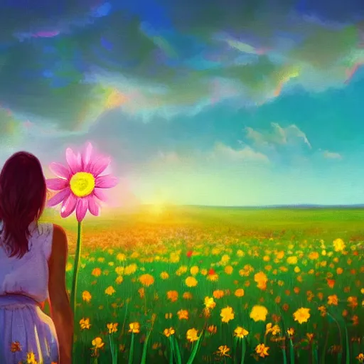 Image similar to daisy flower for a face, girl walking in flower field, holding daisy, surreal photography, sunrise, impressionist painting, colorful clouds, digital painting, artstation, simon stalenhag, flower face