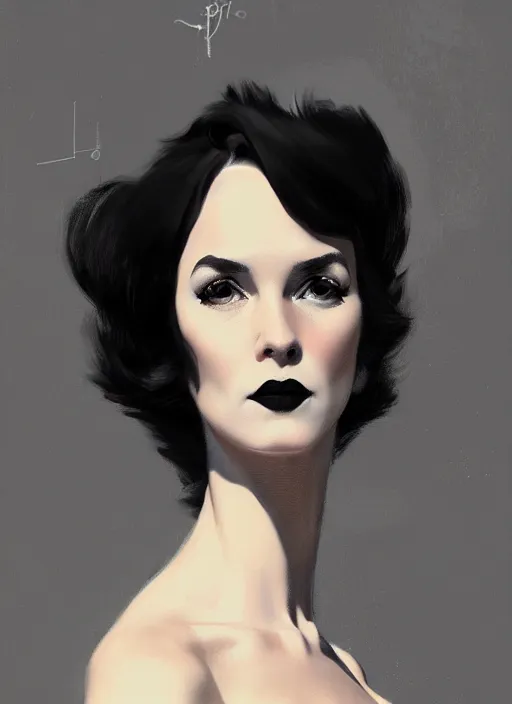 Prompt: portrait of a woman with a crooked nose and a confident expression, 1 9 6 0 s, black clothes, goth, punk, funk, intricate, elegant, highly detailed, digital painting, artstation, concept art, smooth, sharp focus, illustration, art by wlop, mars ravelo and greg rutkowski