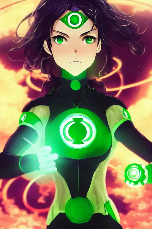 Image similar to anime key visual of a beautiful female green lantern, intricate, glowing accents, powers, glowing ring, speed, goddess, dc comics, cinematic, stunning, highly detailed, digital painting, artstation, smooth, hard focus, illustration, character concepts by senior concept artist