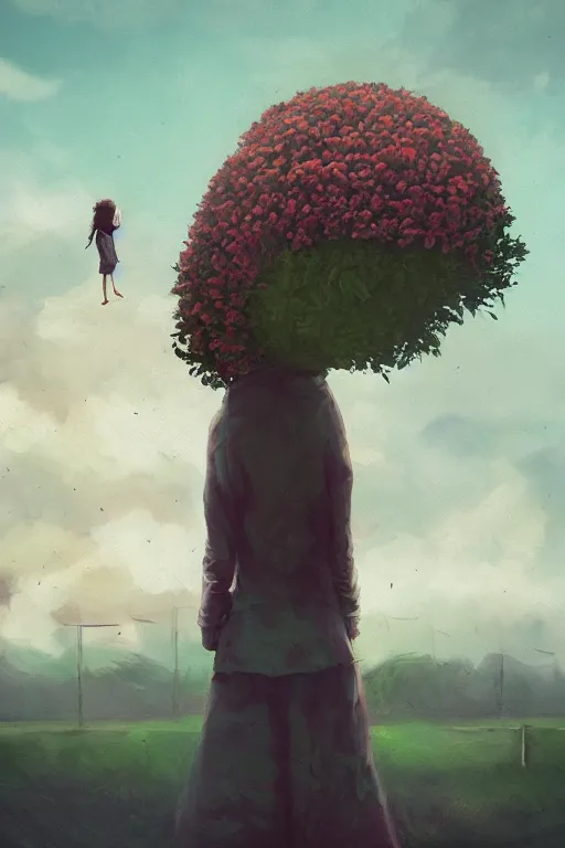 Image similar to portrait, giant flower head, a girl standing on pillar, surreal photography, wind and cold, dramatic sky, impressionist painting, digital painting, artstation, simon stalenhag