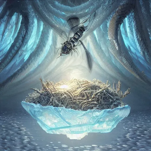 Image similar to “a giant nest made out of ice in middle of ocean, similar to wasp nest, hivemind, D&D, fantasy, intricate, cinematic lighting, highly detailed, digital painting, artstation, concept art, smooth, sharp focus, illustration, art by Artgerm and Greg Rutkowski and Alphonse Mucha”