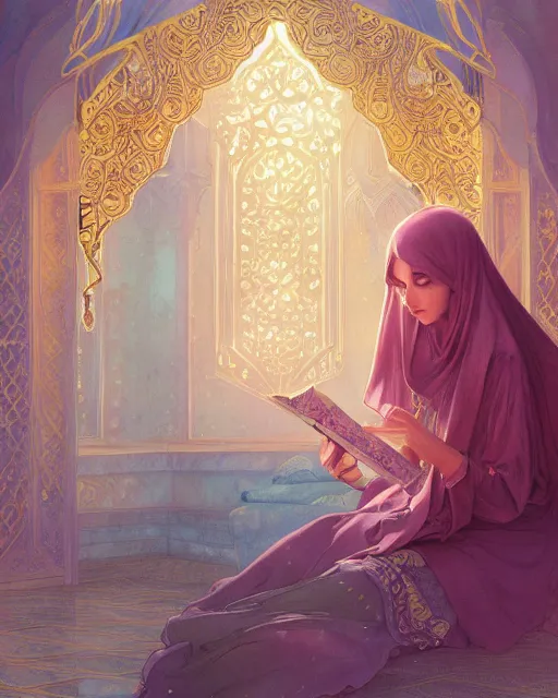 Prompt: an open quran highly detailed, gold filigree, romantic storybook fantasy, soft cinematic lighting, award, disney concept art watercolor illustration by mandy jurgens and alphonse mucha and alena aenami, pastel color palette, featured on artstation