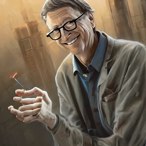 Prompt: bill gates holding a vaccine in his hand, body horror, by ralph steadman, feeling of grimdark, sharp focus, fiction, hyper detailed, digital art, trending in artstation, cinematic lighting, studio quality, smooth render, unreal engine 5 rendered, octane rendered, art style and nixeu and wlop and krenz cushart