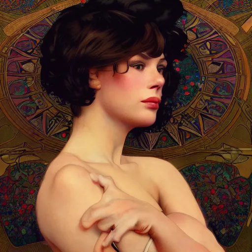 Image similar to modern woman | hyperrealistic | rubenesque | action pose | digital painting | trending on artstation | pinup portrait | clean | illustration | dressed | unreal engine 5 | 8 k resolution | by greg rutkowski alphonse mucha gustav klimt and mel ramos