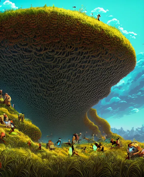 Image similar to an enormous hive bunker made out of exotic fungus, overgrown with huge fungus, cliff side, noon, sun drenched, partly cloudy, by dan mumford, yusuke murata, makoto shinkai, ross tran, cinematic, unreal engine, cel shaded, featured on artstation, pixiv