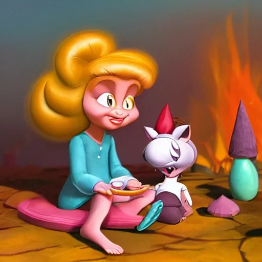 Image similar to full body portrait of Esmerelda (Tiny Toons (1990)) sitting around a campfire telling stories with her friends, in style Goro Fujita, 3D, UE5, ultra high textures, dark vignette, burning embers, nostalgic, muted colors, desaturated, volumetric, slightly drunk, candy rush, autochrome, tranquil, starry night, marshmallows, s'mores, highly detailed, busy, 4K, 8K, HQ