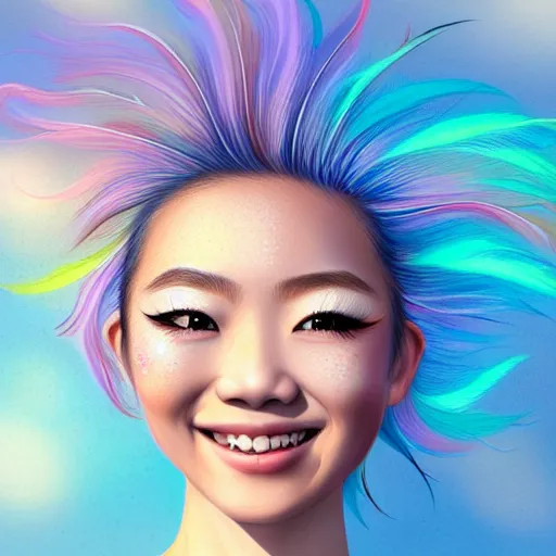 Image similar to A realistic centered portrait of a happy smiling ethereal asian sylph with a wide smile, ethereal vaporous tan skin, azure eyes and eyelashes, ethereal iridescent locks of hairs flying in the breeze and adorned with rainbow feathers, iridescent ethereal veils, flying high in the clouds::sunny weather, sss, translucency, light blue freckles and blemishes, long exposure, hologram, trending on artstation, soft natural lighting and shadows, VFX, CG