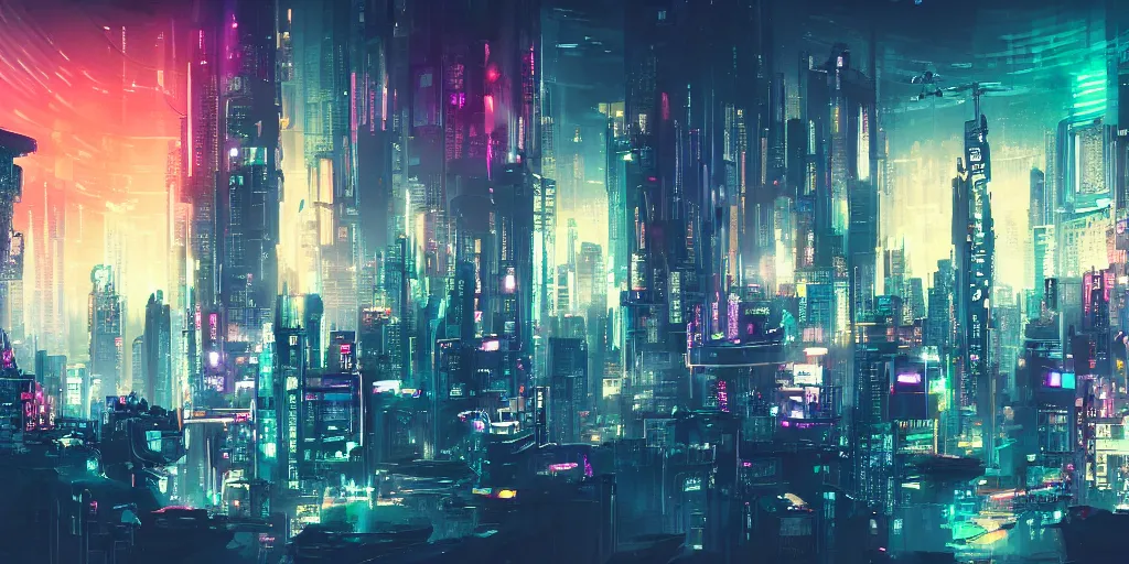 Prompt: city in the style of cyberpunk with a gigantic building in the middle, space sky, anime illustration,