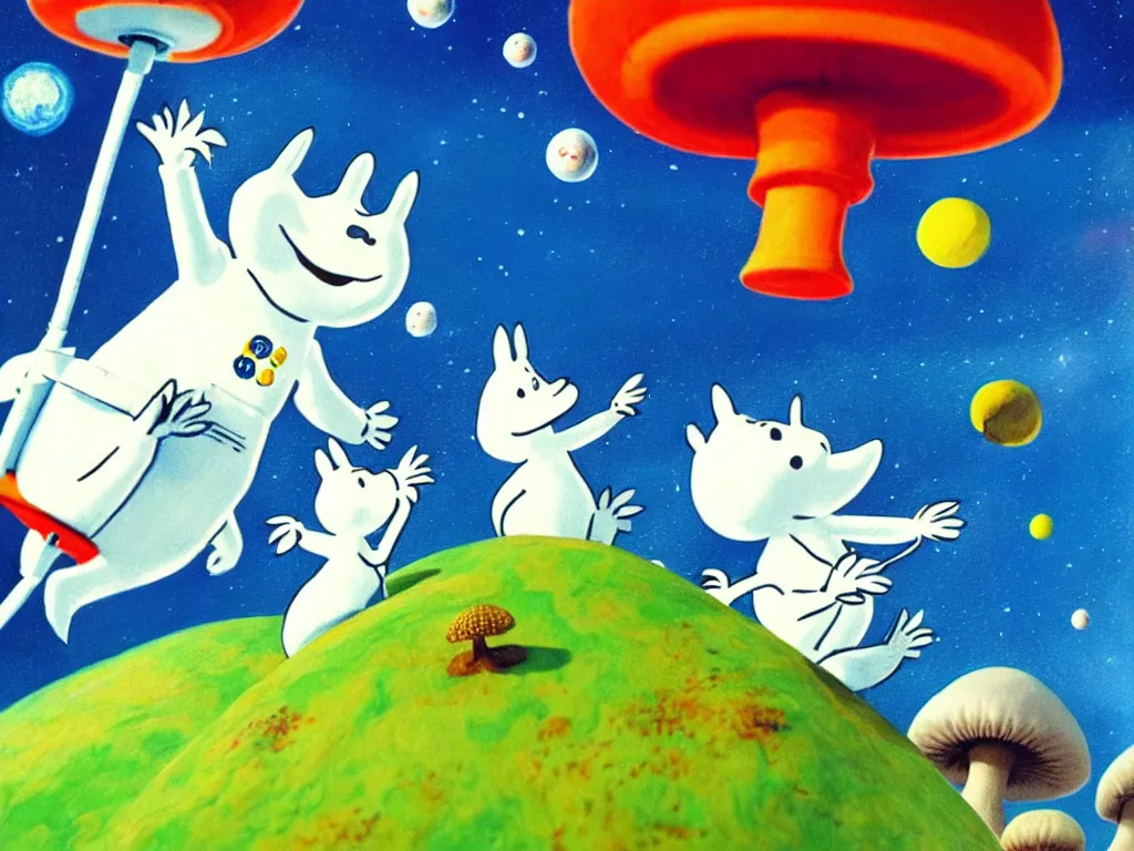 Prompt: moomins in space suits flying around with jetpacks discovering the mushroom planet, photorealistic painting, cgi, low light