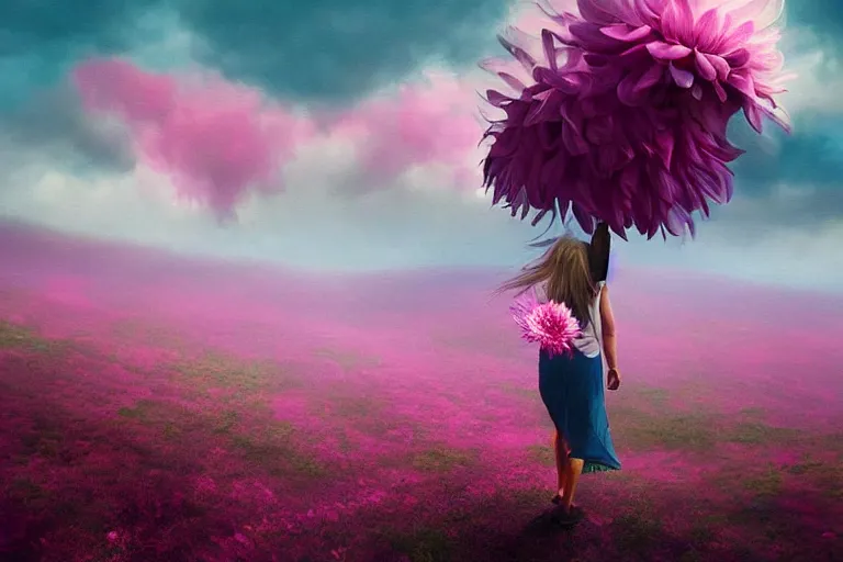 Image similar to giant dahlia flower over head, girl walking on mountain, surreal photography, pink storm clouds, dramatic light, impressionist painting, digital painting, artstation, simon stalenhag