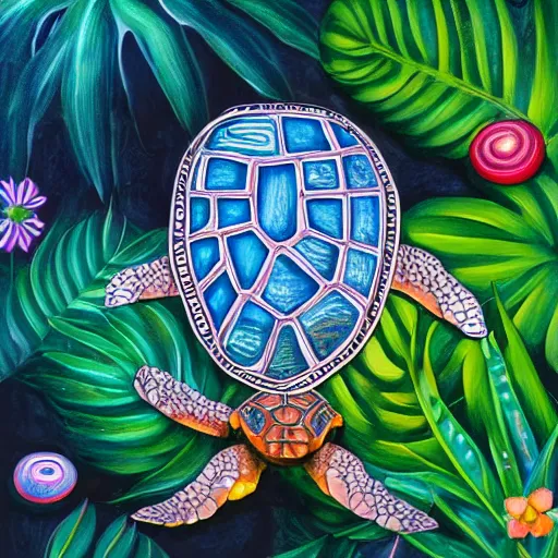 Image similar to turtle with beautiful spiral patterns and gemstones on shell surrounded by tropical plants detailed magical realism painting 4 k