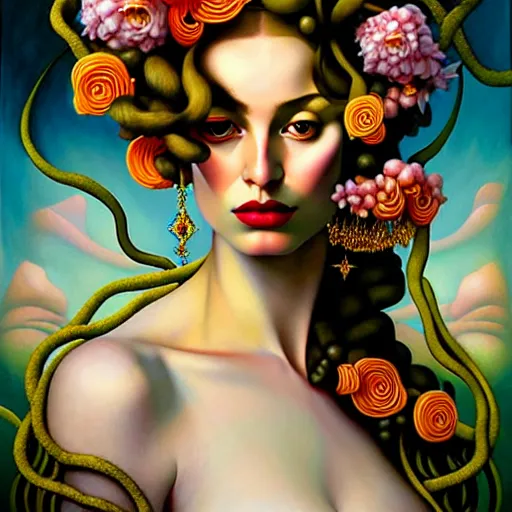Image similar to dynamic composition, a painting of woman with hair of ( summer flowers )!! and vines wearing ornate earrings, ornate gilded details, a surrealist painting by tom bagshaw and jacek yerga and tamara de lempicka and jesse king, featured on cgsociety, pop surrealism, surrealist, dramatic lighting, wiccan, pre - raphaelite