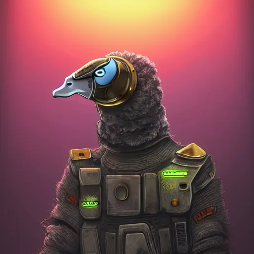 Prompt: a goose in a detective suit, sheep, dystopia core, apocalyptic, armor, warrior, dramatic, sharp focus, fiction, neon, fantasy, hyper detailed, digital art, trending in artstation, cinematic lighting