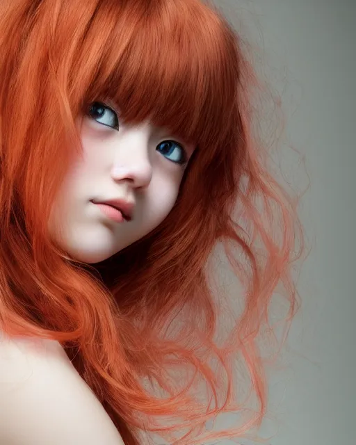 Image similar to happy cute teenage girl Portraits.Closeup of the pretty Anime girl's side face with her head slightly raised.Slightly curly Orange flowing hair by WLOP and VOFAN and mika pikazo,yoneyma Mai