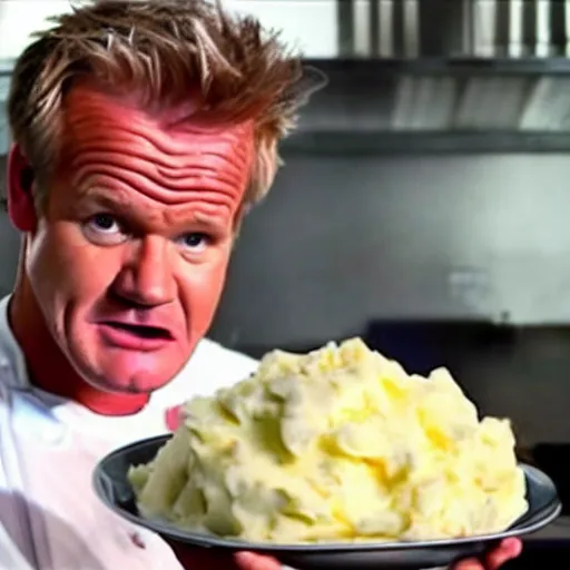 Image similar to < photo hd trending > gordon ramsey yells at an incredibly oversized plate of mashed potatos < photo >