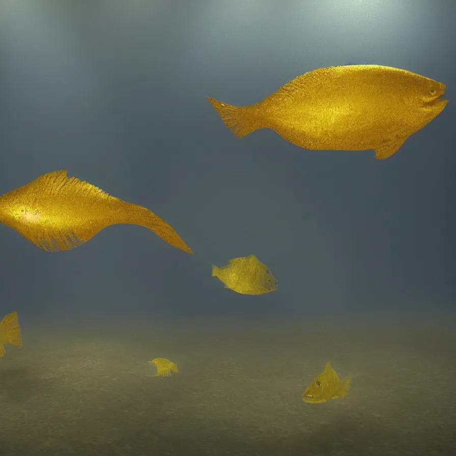 Image similar to a desolate golden glowing fish! swims in magical water with caustics and volumetric lighting, photorealistic painting