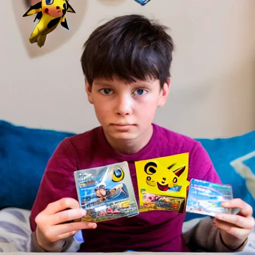 Image similar to boy showing his pokemon cards to the camera.