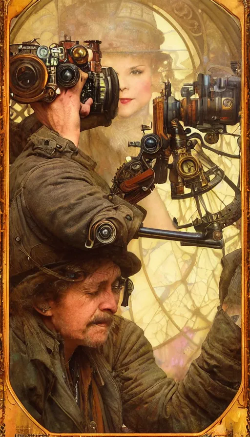 Image similar to hyper realistic photographer looking through camera towards viewer, magical, steampunk, painted by james gurney, norman rockwell, tom bagshaw, mucha, gaston bussiere, craig mullins, j. c. leyendecker 8 k