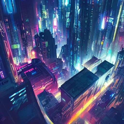 Image similar to cyberpunk city at night from above, neon glow, arstation, chill wave, detailed, maximalism, cluttered, busy, cinematic, cgsociety, smooth, beeply and greg rutkowski, dramatic lighting, god rays, clean crisp graphics, smooth sharp focus, extremely detailed