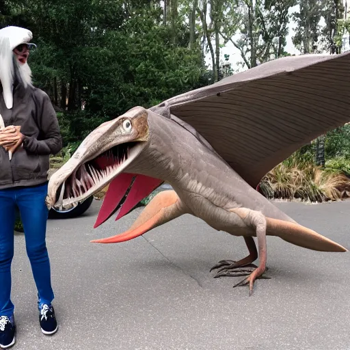 Image similar to pterodactyl hanging out with people,