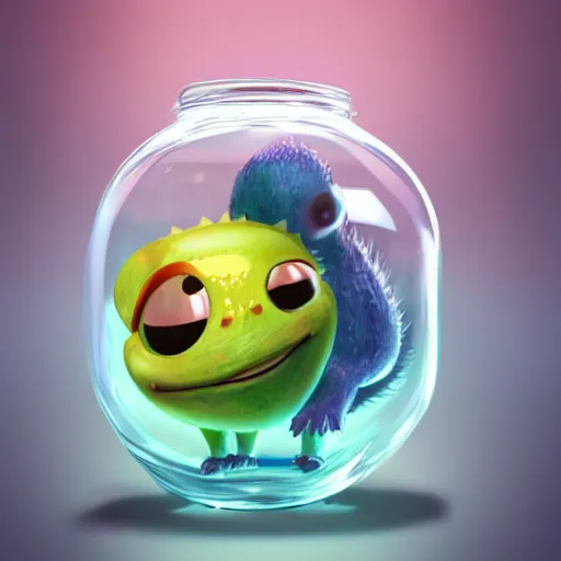 Image similar to cutie creature in a jar, digital art, 3 d, maya render, masterpiece, mega detailed, pixar, disney, vivid illustration, fantasy