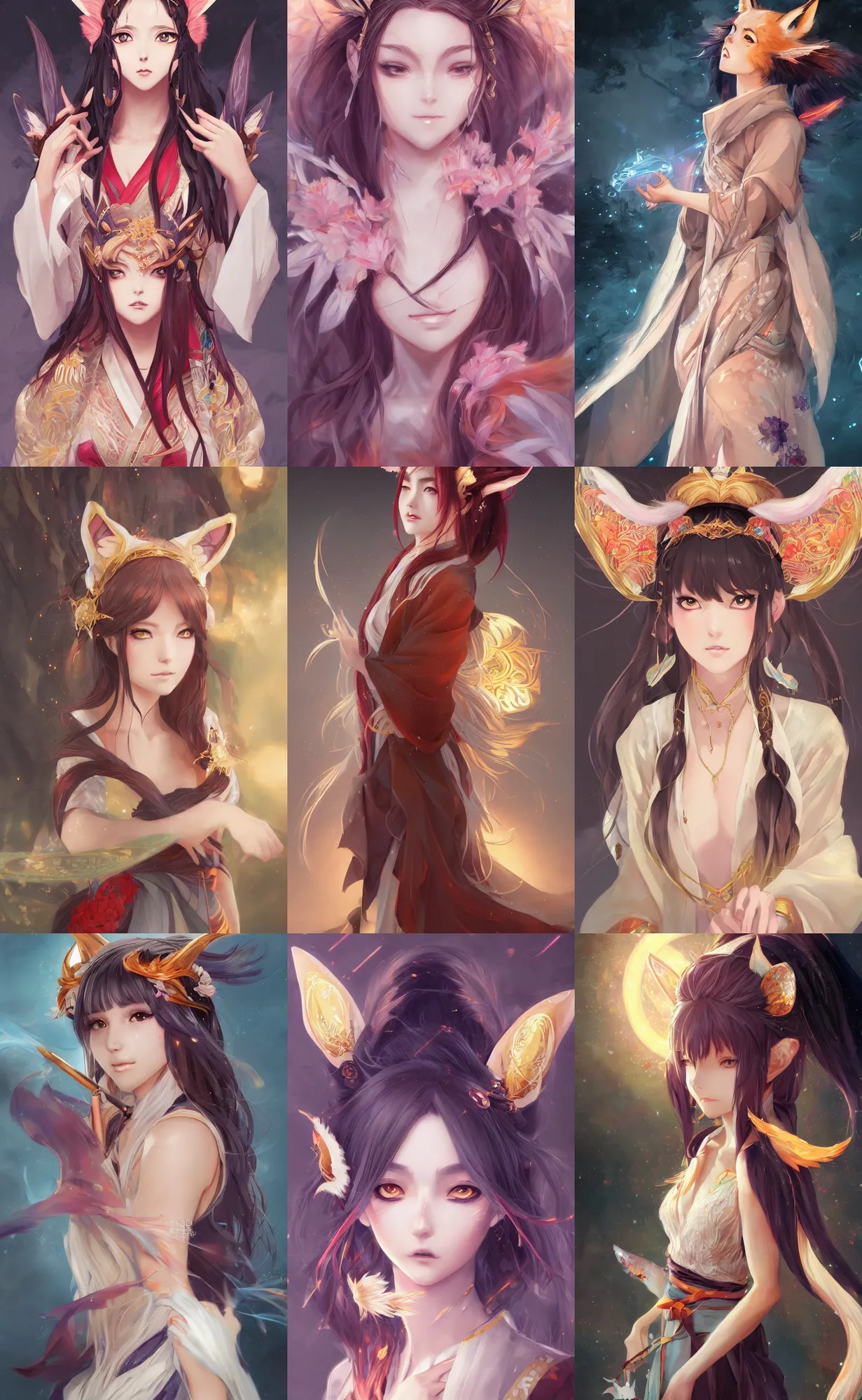 Prompt: A beautiful anime-style digital concept portrait of a beautiful young sorceress with fox ears and nine fox tails wearing a kimono, by Stanley Artgerm Lau, WLOP, Rossdraws, LeraPi, and Sakimichan, trending on ArtStation, deviantart, SFW version