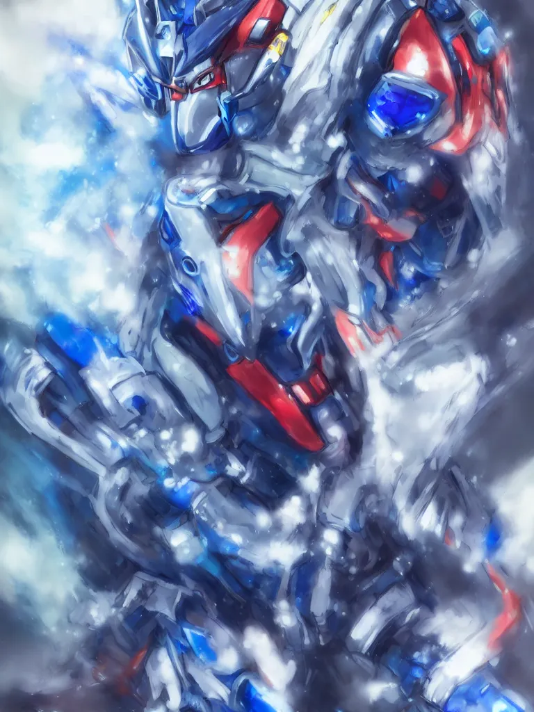 Image similar to A realistic anime portrait of a man in a Gundam suit with glowing blue, digital painting, by Stanley Artgerm Lau, Sakimichan, WLOP and Rossdraws, digtial painting, trending on ArtStation, SFW version