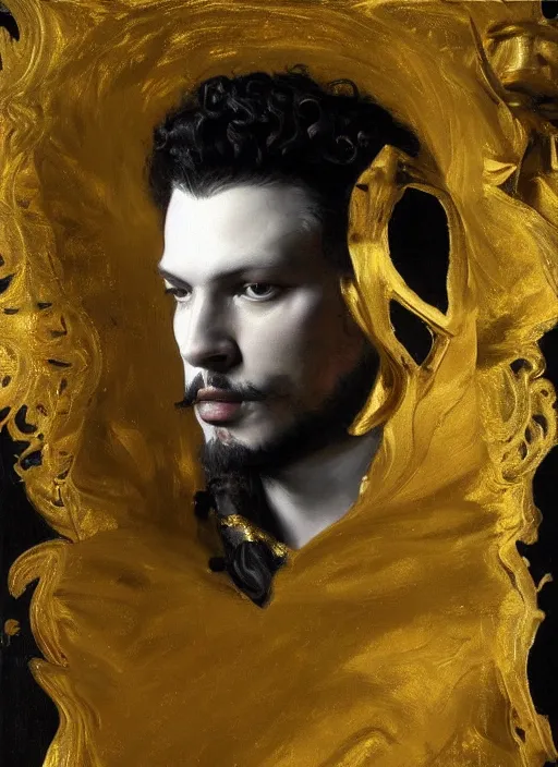 Prompt: highly detailed oil painting | very intricate | cinematic lighting | black, white and gold color scheme, dark background | a man dressed by alexander mcqueen | by roberto ferri, by gustav moreau, by singer sargent and klimt, american romanticism, occult art | by austin osman spare, artstation, cgsociety, official art, octane