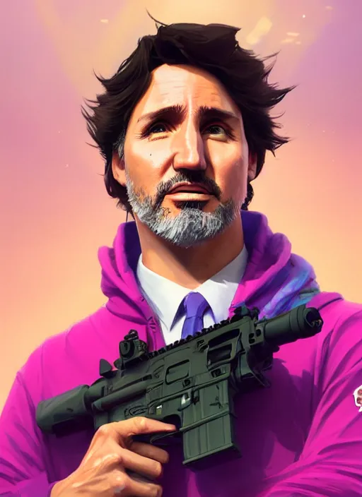 Image similar to highly detailed portrait justin trudeau in ( ( pink hoody rainbow socks ) ) holding ar - 1 5! in gta v stephen bliss unreal engine fantasy art by greg rutkowski loish rhads ferdinand knab makoto shinkai lois van baarle ilya kuvshinov rossdraws tom bagshaw global illumination radiant light detailed intricate environment