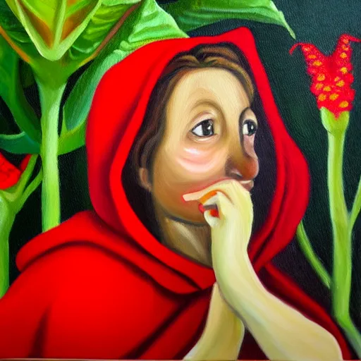 Image similar to oil painting of little red riding hood gazing up at brugmansia suaveolens flowers