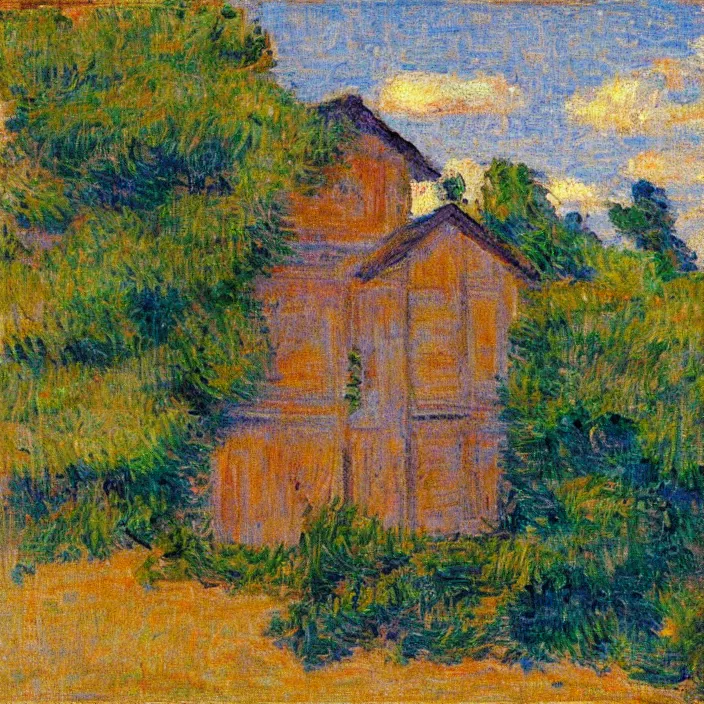 Prompt: a building in a serene landscape, post - impressionism