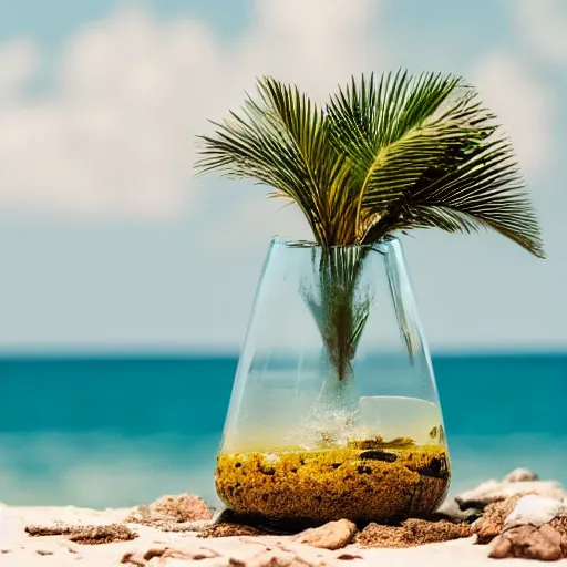 Image similar to close up still photo of an ocean in an erlenmeyer flaskw with a small island and a single palm tree and a man fishing