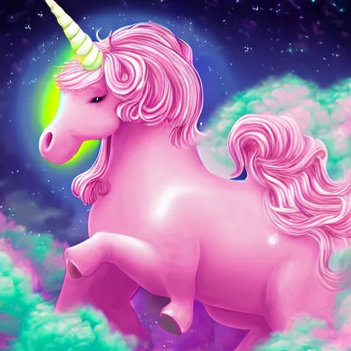 Prompt: a giant pink fat unicorn eating jupiter like cotton candy, digital art, highly detailed