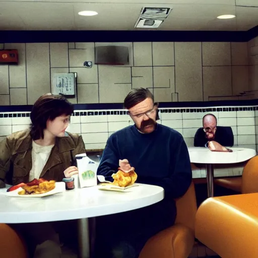 Image similar to walter white eating at mcdonald's, mcdonald's interior background, photo