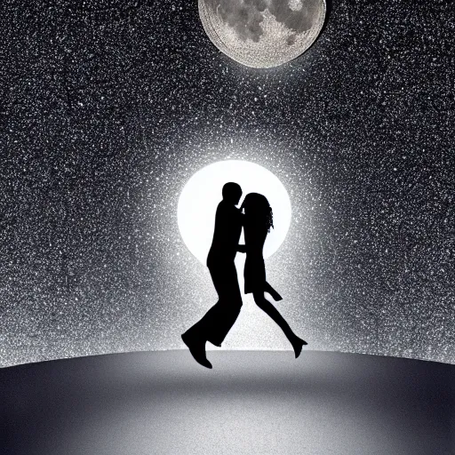 Image similar to the background is a huge moon. in the night environment, a man jumps into the air with a woman in his arms. in the middle of the moon are very little two figures in black silhouettes.
