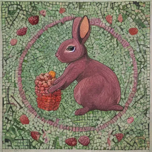 Image similar to a rabbit eating raspberries in the style of ancient mosaic