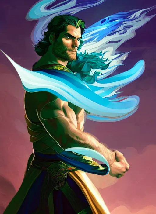 Image similar to style artgerm, joshua middleton, henry cavill as a warrior monk wearing green pelt light armor, blue hair, swirling water cosmos, fantasy, dnd, cinematic lighting